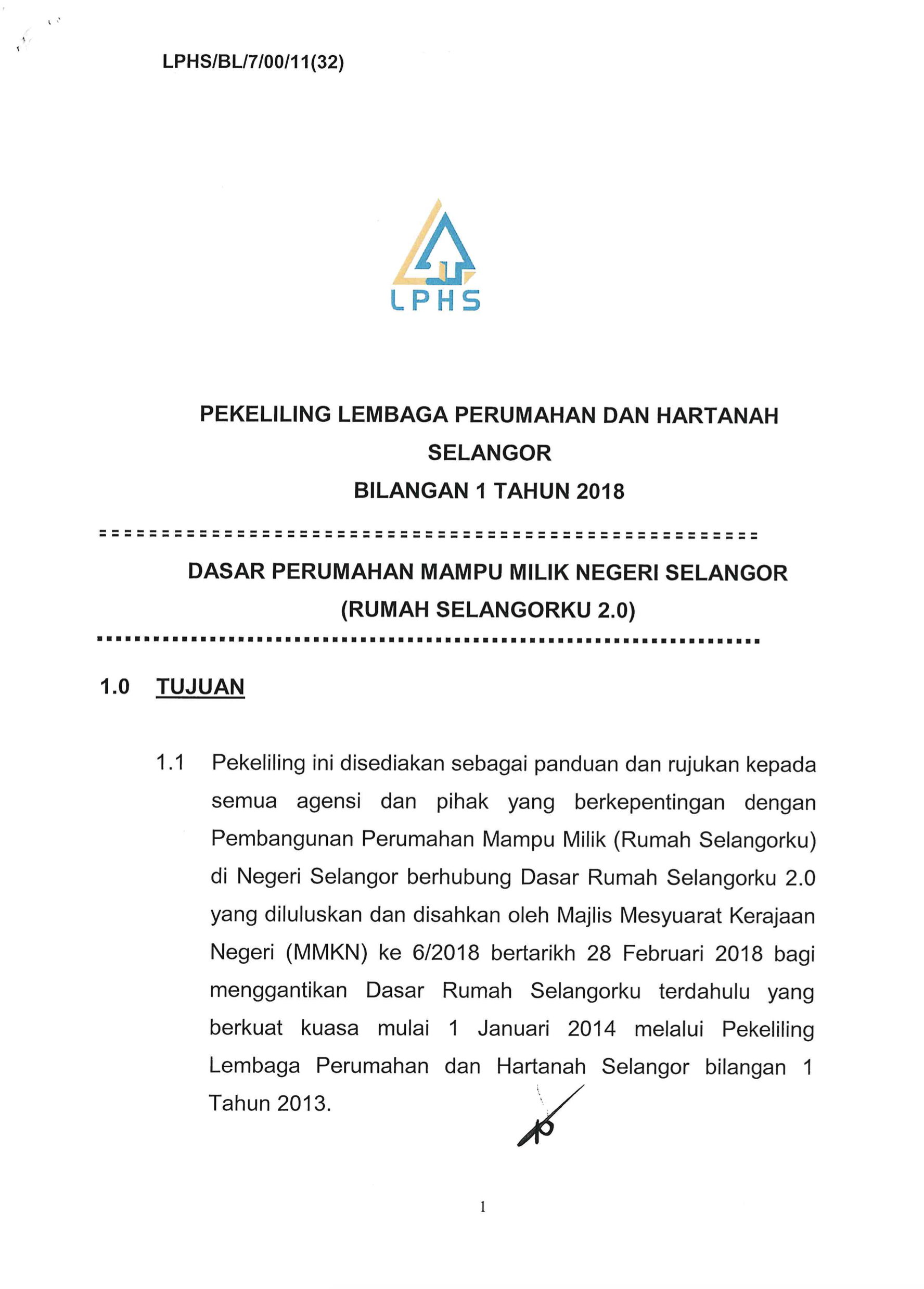 PEKELILING LEMBAGA PERUMAHAN DAN HARTANAH SELANGOR BILANGAN 1 TAHUN 2018