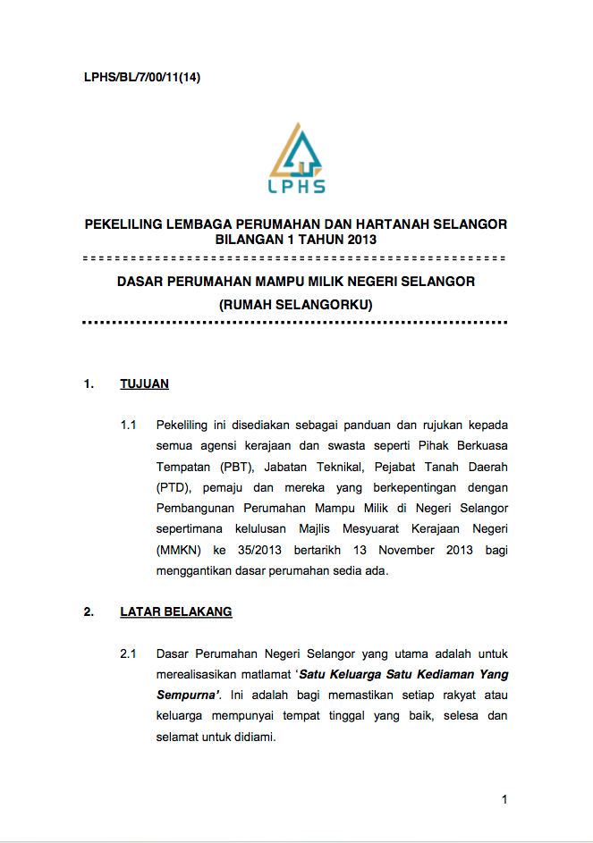 Pekeliling Lembaga Perumahan dan Hartanah Selangor Bilangan 1 Tahun 2013 